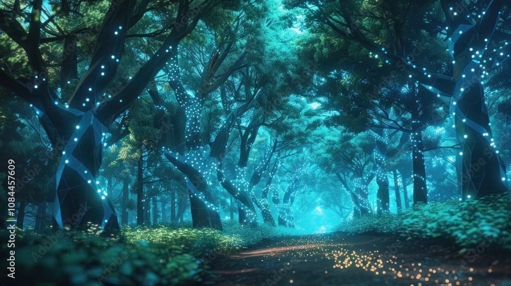 Poster a magical forest path illuminated by glowing lights on the trees, creating a surreal and enchanting 