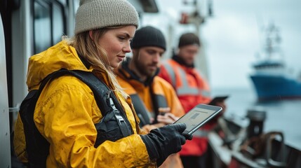 Crew members dressed for the cold use tablets to monitor operations on a vessel as they navigate the sea.