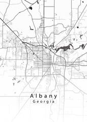 Minimalist black map of Albany, Georgia – A modern map print highlighting infrastructure of the city, useful for tourism purposes
