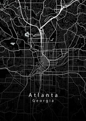 Minimalist black map of Atlanta, Georgia – A modern map print highlighting infrastructure of the city, useful for tourism purposes
