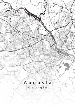 Minimalist white map of Augusta, Georgia &ndash; A modern map print highlighting infrastructure of the city, useful for tourism purposes
