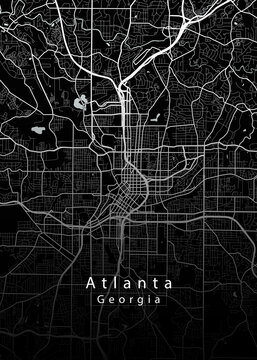Minimalist black map of Atlanta, Georgia &ndash; A modern map print highlighting infrastructure of the city, useful for tourism purposes
