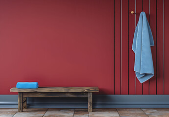 Wooden Bench in a Red Room with a Towel