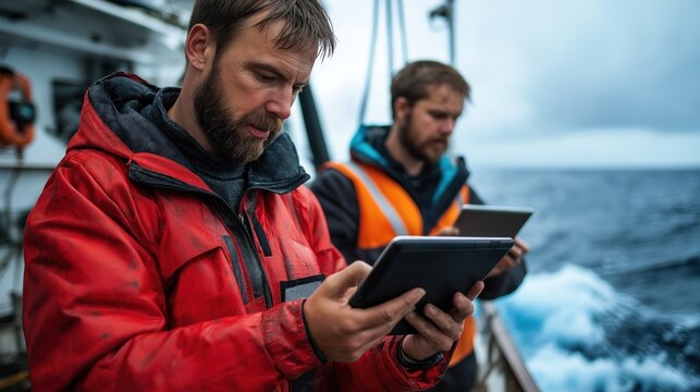 Two crew members on a boat use tablets to ensure a strong tech connection while navigating ocean waters, focused on their tasks.