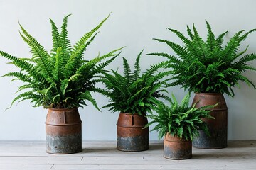 Lush Ferns in Rustic Planters on a Light Background Showcasing Nature's Beauty