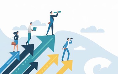 Successful businessman standing on the arrow, which pointing up as symbol of achievement, success and developing business in successful way. Businessman looking forward with the telescope.