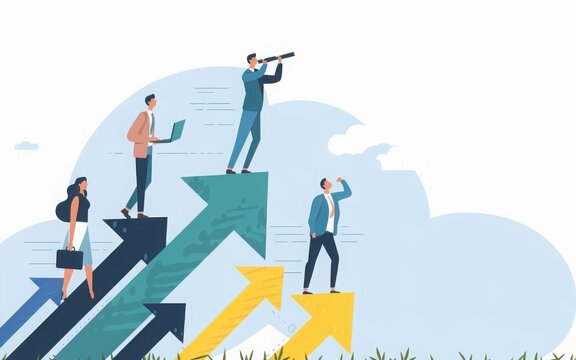 Successful businessman standing on the arrow, which pointing up as symbol of achievement, success and developing business in successful way. Businessman looking forward with the telescope.