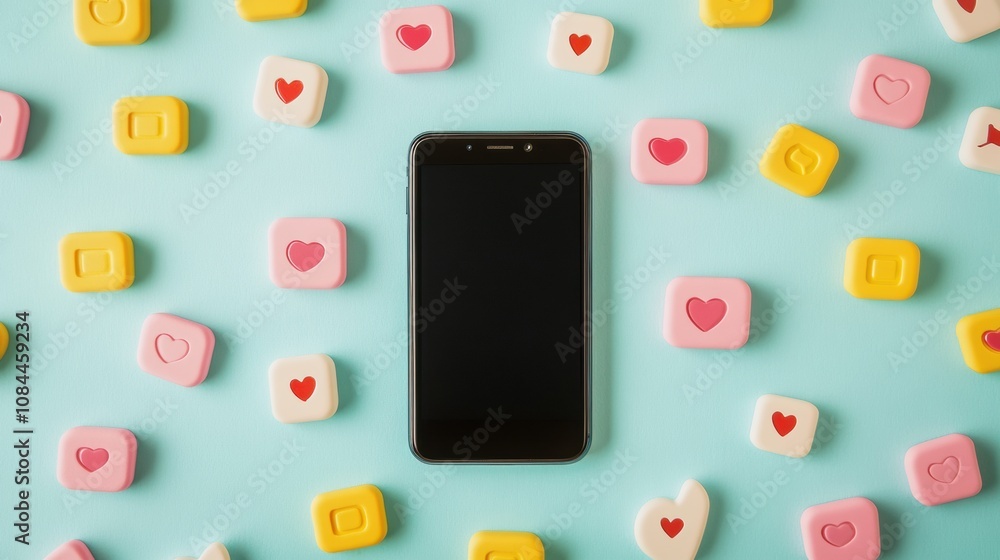 Poster a smartphone sits on a light blue surface, with vibrant icons of likes and comments scattered around