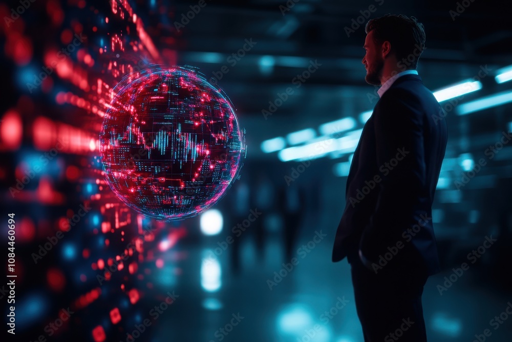 Aufkleber a businessman observing a digital globe with data visualizations in a futuristic, illuminated enviro