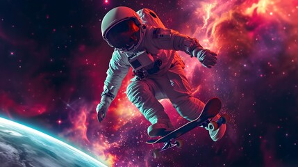 Fototapeta premium Astronaut performing tricks on celestial body