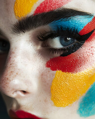 Close-up of a woman's eye with vibrant, abstract makeup. Bold colors and a striking look.