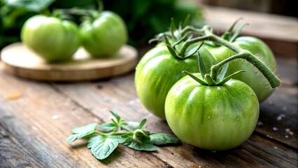 Fresh Young Green Tomatoes on Rustic Wooden Table with Natural Light, Highlighting Their Texture, Shape, and Vibrant Color for Culinary and Gardening Inspiration