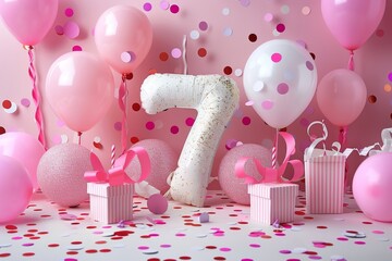 Pink birthday celebration with balloons and gifts for a 7th birthday party