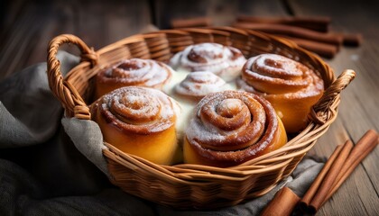 Fototapeta premium Close-up of juicy cinnamon buns with glaze and powdered sugar in a rustic basket, evoking homeliness and warmth