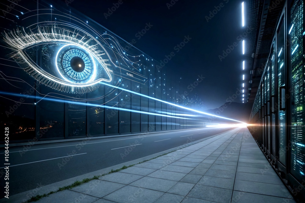 Aufkleber futuristic digital eye merging with circuitry in a long exposure setting, showcasing light trails an