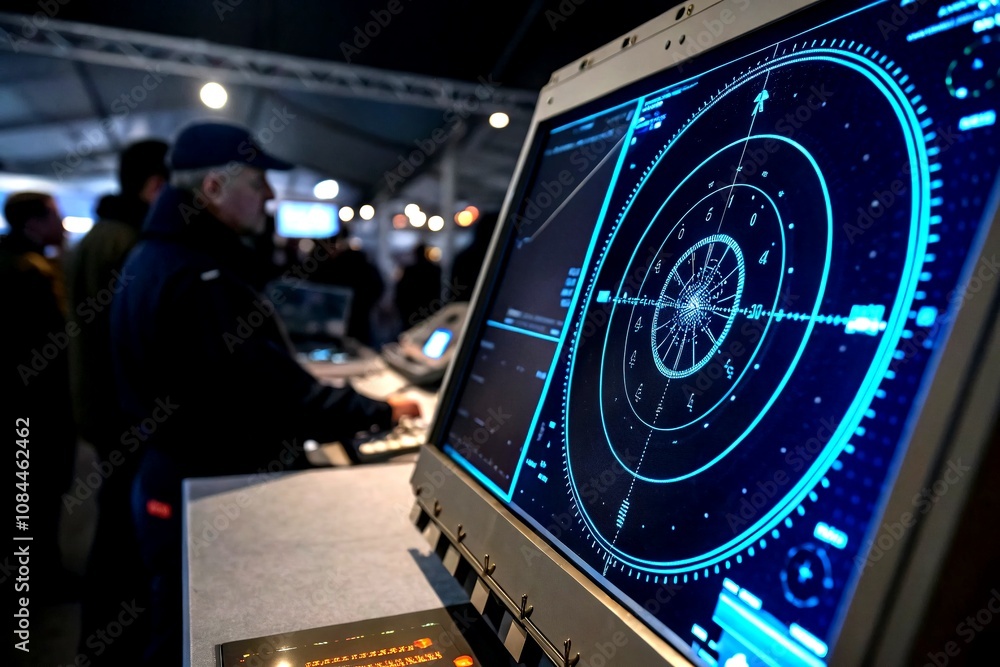 Poster futuristic digital radar interface with glowing blue elements and intricate circular patterns on a d