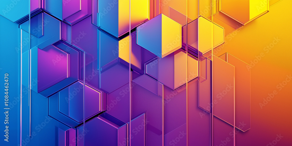 Poster a vibrant abstract background featuring colorful hexagonal shapes and gradients, blending shades of 