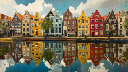 Vibrant reflection of colorful canal houses on a calm waterway. A picturesque scene of architectural beauty and serenity.