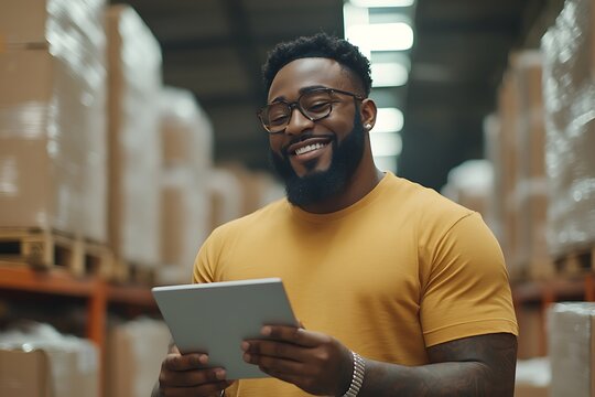 A man using tablet check stock in warehouse
