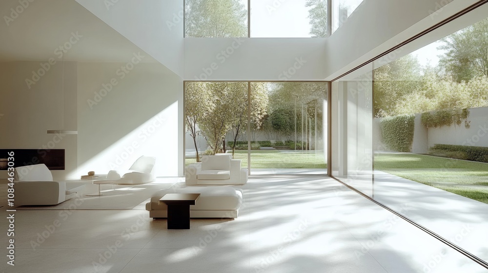 Poster this modern living room features bright light streaming through large windows, creating a serene atm