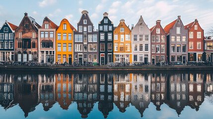 Naklejka premium Vibrant row of colorful houses reflected in a calm canal. A picturesque scene of charming architecture.