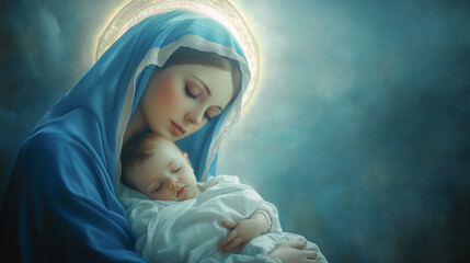 The Virgin Mary holds the sleeping baby Jesus in her arms, with a glowing halo around her head, creating an atmosphere of peace and faith against a background of blue skies with copy space.