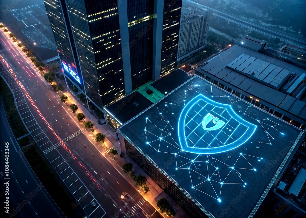 Poster futuristic neon cyber shield with abstract geometric patterns and data network connections in a high