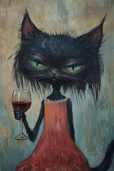 portrait of a slightly tired black cat, disheveled and thin, holding a glass of wine on a uniform background, oil painting