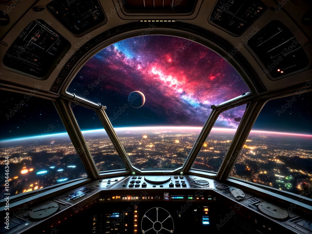 Poster futuristic spaceship bridge overlooking a glowing nebula and distant planet with an advanced citysca
