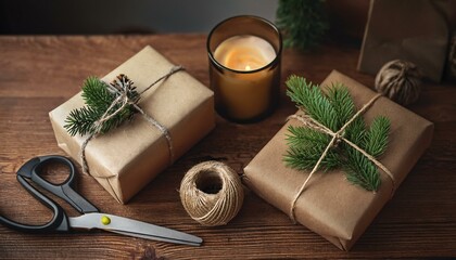 Stylish christmas gifts wrapped in craft paper, candle, scissors, fir branches and bells on rustic wood. Stylish simple scandinavian xmas presents, atmospheric moody image. Eco friendly holidays