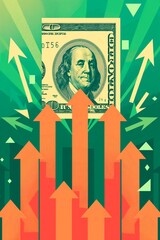 Colorful upward arrows symbolize financial growth and success, with a hundred dollar bill prominently featured in the center. The composition is designed to create a sense of optimism in investments.