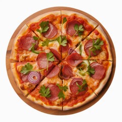 Pizza Delight: A delicious pepperoni pizza, freshly baked, perfectly sliced, and beautifully presented on a wooden serving board, inviting a moment of pure culinary enjoyment.