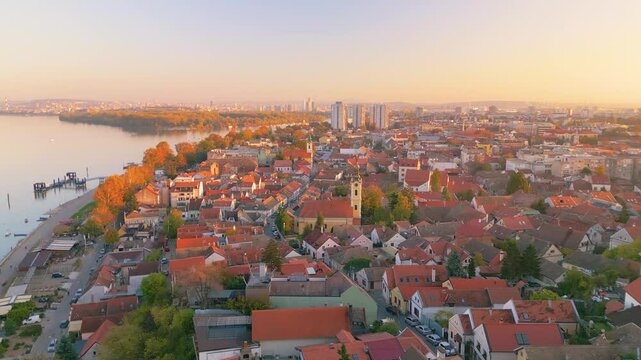 Zemun district in Belgrade, view of Danube - Aerial drone shot, Serbia, European city