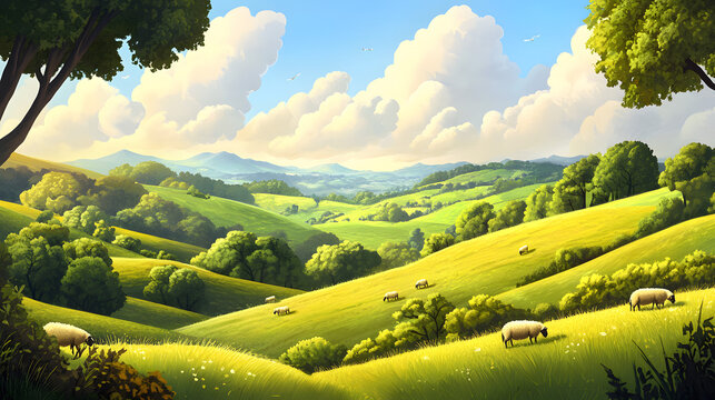 Serene summer landscape of rolling green hills dotted with sheep under a bright, cloudy sky.  A picturesque pastoral scene.