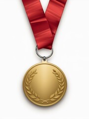Golden Medal of Victory: A close-up of a gleaming gold medal with red ribbon, symbolizing achievement, success, and hard-earned triumph. The laurel wreath design adds a touch of classic elegance.  