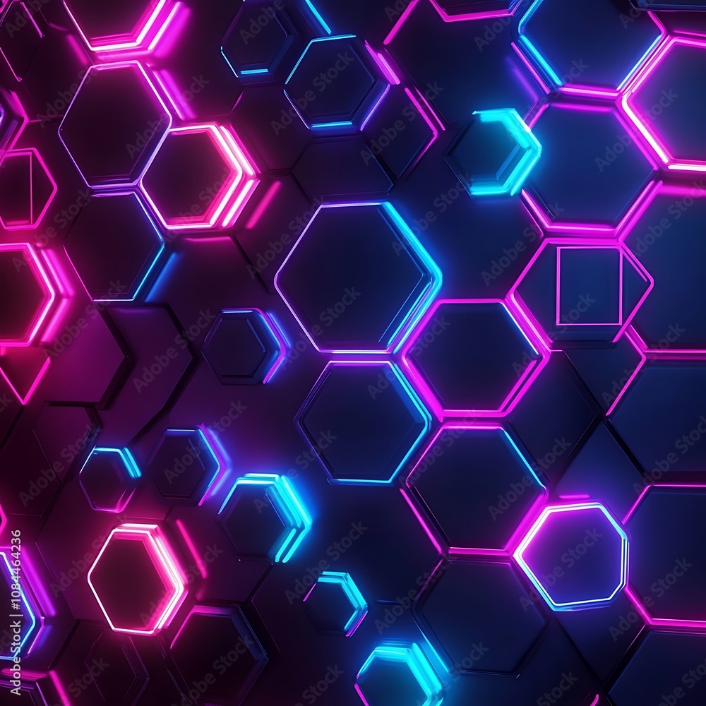 Poster dynamic hexagon neon lights symbolizing advanced futuristic design concepts.