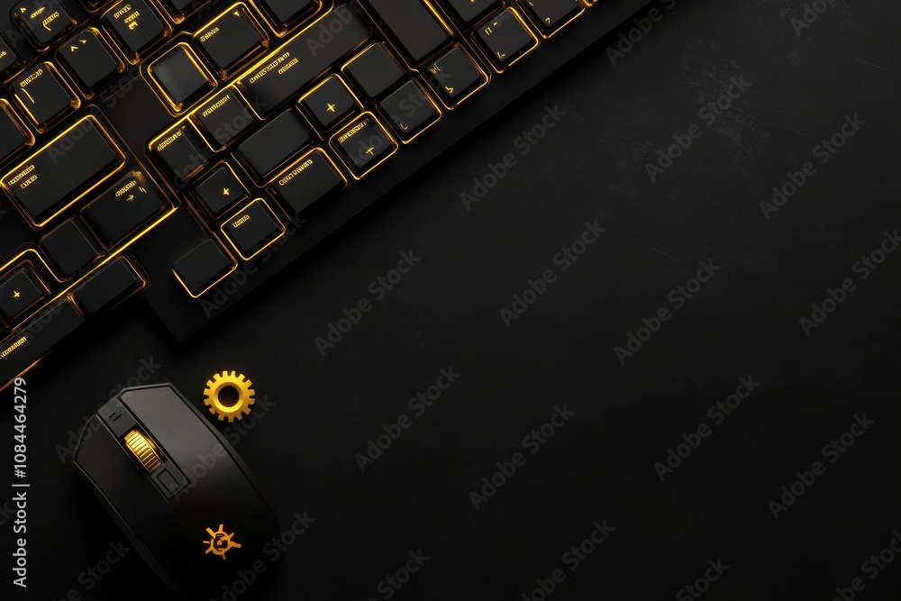 Fototapete This setup features a modern keyboard and mouse with vibrant yellow highlights, complemented by a gear symbol to represent tech precision. Generative AI