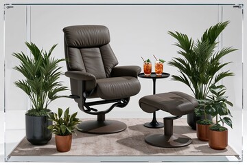Modern 3D Design of Armchair Recliner and Side Table with Drinks and Potted Plants on White Background