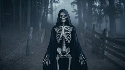 Fototapeta premium Grim Reaper's Walk: A haunting image of the Grim Reaper, clad in a black hooded cloak, eerily striding along a foggy path flanked by wooden fences in a shadowy forest setting.