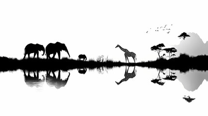 Animal silhouette on the savannah. african landscape scene. black isolated silhouette with elephants, giraffes, and lions. Silhouette. Illustration