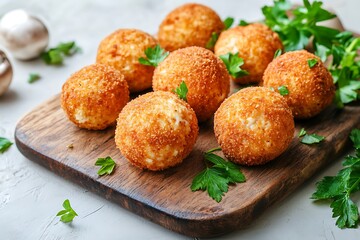 Meatballs with cheese and parsley on a wooden board, vertical