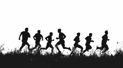 Black silhouette group of runner running on white background. Silhouette. Illustration
