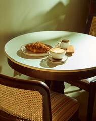 cappuccino coffee with espresso shot and a croissant on a  table 