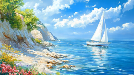A sailboat glides across a tranquil blue sea, under a vibrant sky. The rocky shoreline is adorned with lush greenery, creating a picturesque coastal scene.
