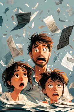 A father and his two children express surprise and anxiety as papers swirl around them in a cluttered room, suggesting a sudden crisis or overwhelming situation related to documents.