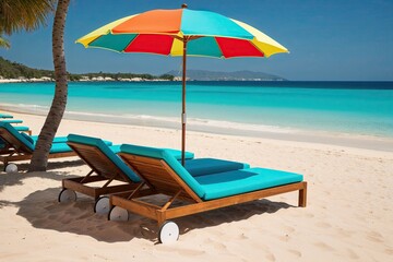 Obraz premium Elegant Beach Sunbeds with Colorful Umbrellas on Pristine Sand and Crystal Clear Turquoise Water