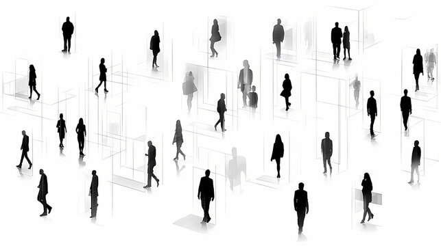 Collection of an axonometric view of varied black silhouettes of people walking, in a style of architectural illustration, isolated in transparent background. Silhouette. Illustration