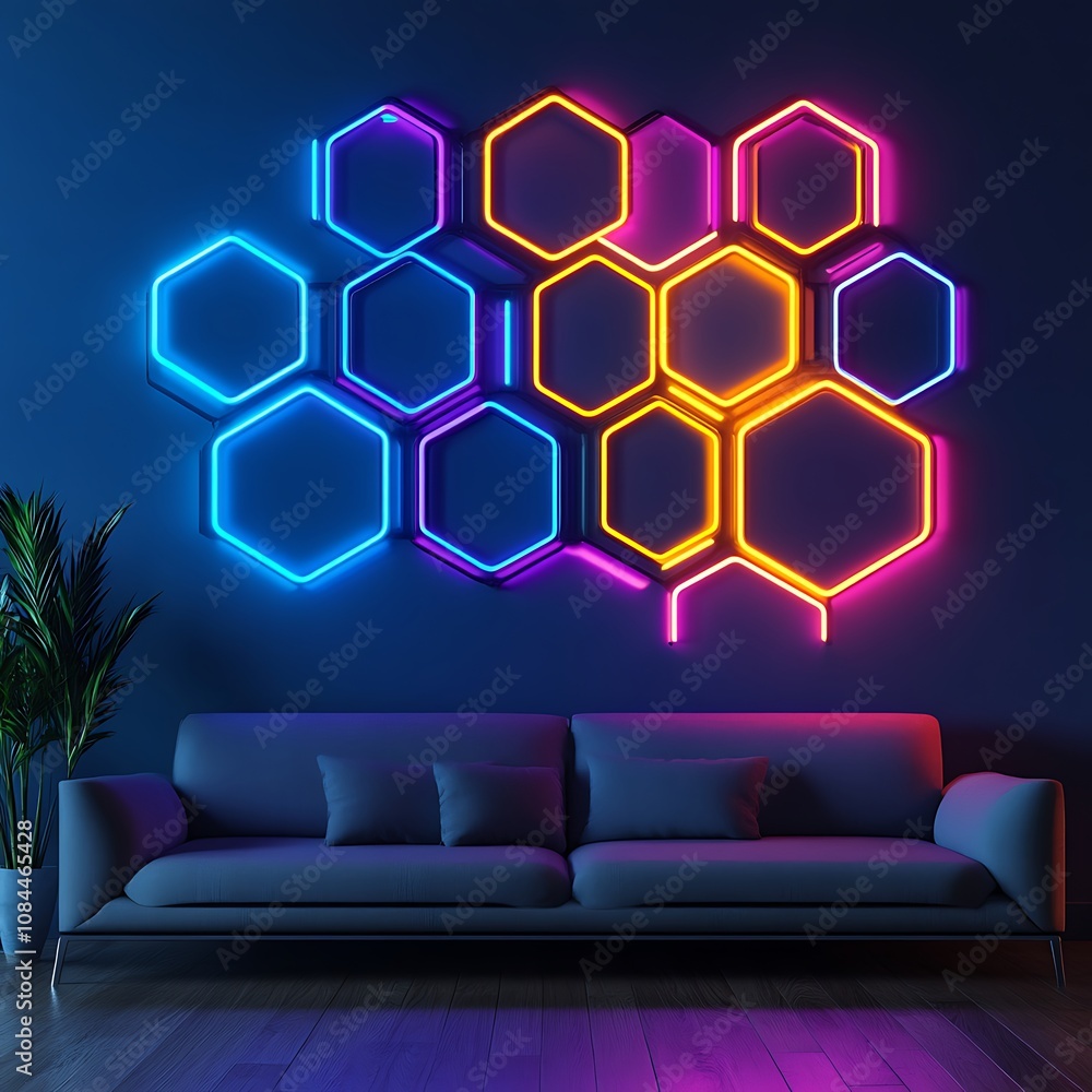 Poster glowing neon hexagon shapes pulsating with futuristic energy and innovation.