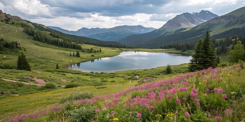 Fototapeta premium A tranquil lake nestled in the heart of a mountain valley surrounded by blooming meadows, serenity, wildflowers, hillside, serene