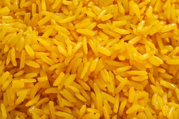 Pile of Golden Turmeric Rice, Close-Up View with a Bright Yellow Hue and Fluffy Texture. Great for Health-Focused Websites, Cooking Magazines, or Spice-Themed Content